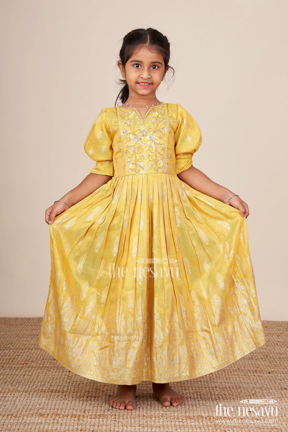 The Nesavu Girls Silk Gown Banarasi Silk Gown with Designer Yoke Elegant Traditional Dress for Girls Nesavu Girls Banarasi silk gown embroidered yoke  Nesavu ethnic wear