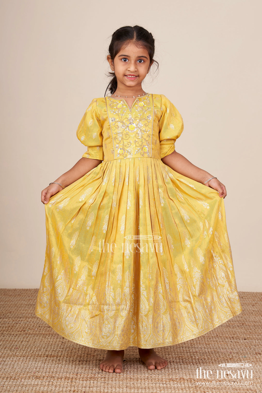 The Nesavu Girls Silk Gown Banarasi Silk Gown with Designer Yoke Elegant Traditional Dress for Girls Nesavu Girls Banarasi silk gown embroidered yoke  Nesavu ethnic wear