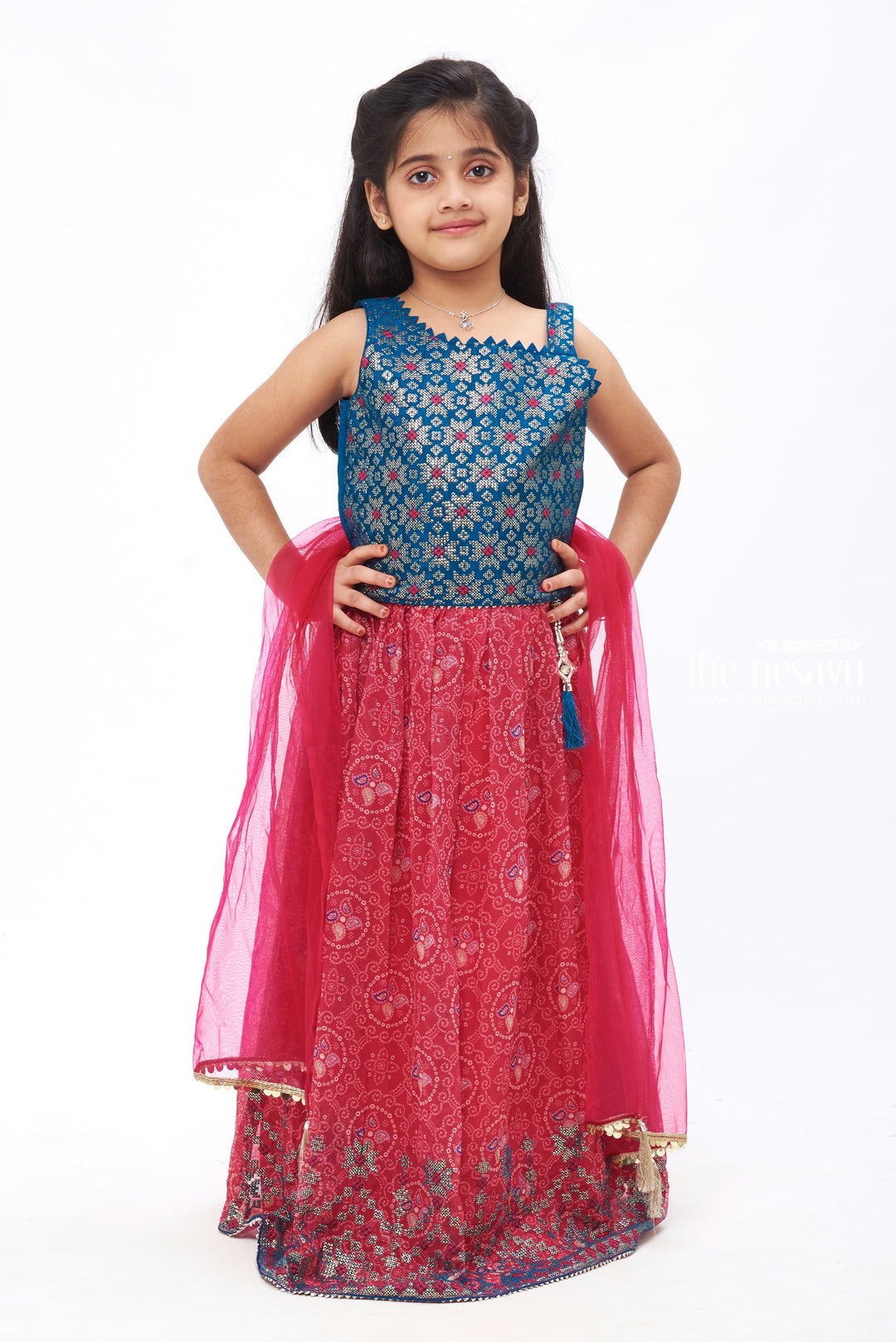 The Nesavu Girls Lehenga Choli Bandhani Brilliance: Sequin Embroidered Blue Blouse with Bandhani Printed Pink Lehenga and Dupatta Nesavu 16 (1Y) / Pink / Georgette GL390A-16 Bright and Beautiful | Festive Lehenga Choli and Dupatta for Girls | The Nesavu