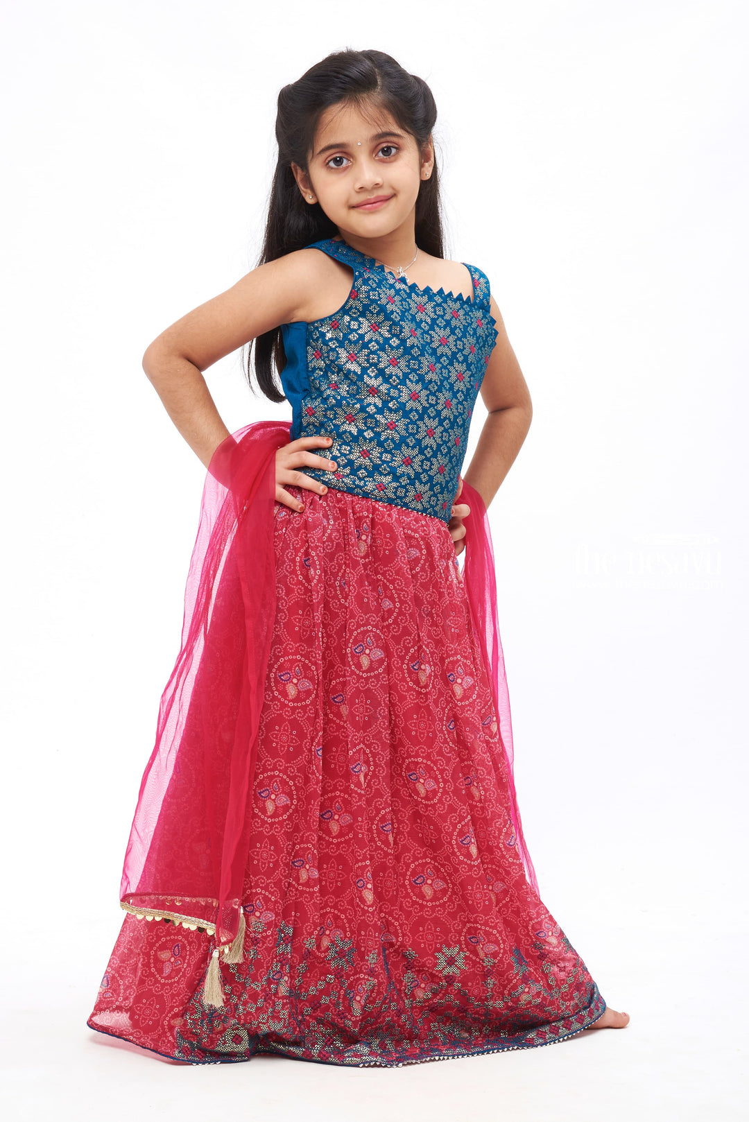 The Nesavu Girls Lehenga Choli Bandhani Brilliance: Sequin Embroidered Blue Blouse with Bandhani Printed Pink Lehenga and Dupatta Nesavu Bright and Beautiful | Festive Lehenga Choli and Dupatta for Girls | The Nesavu