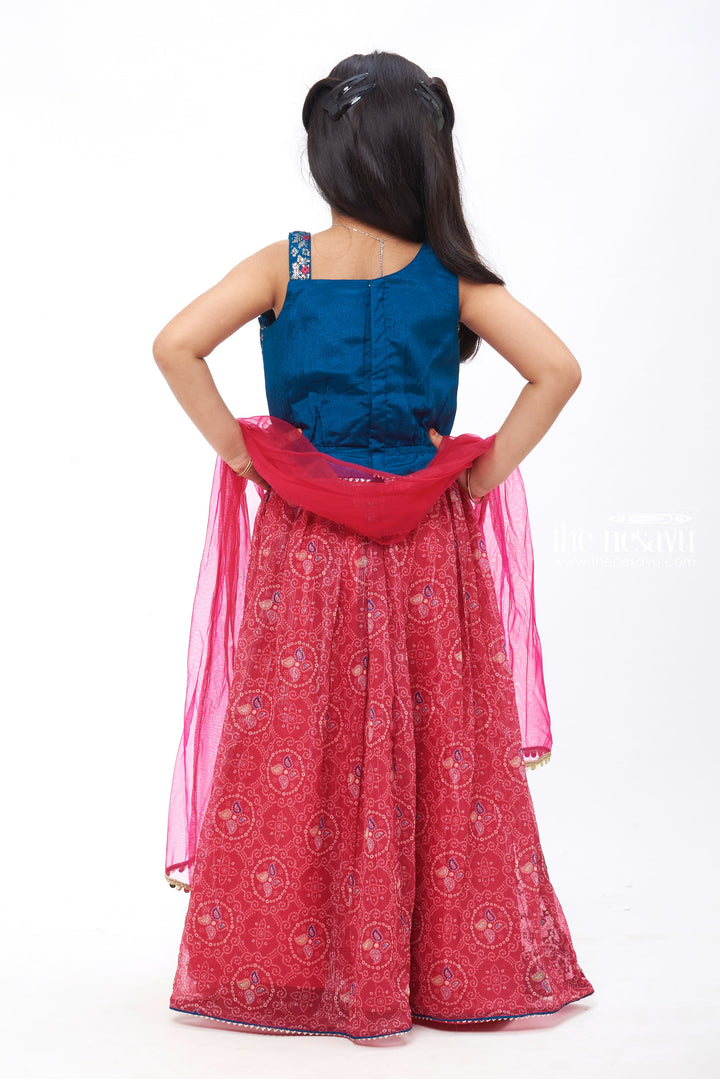 The Nesavu Girls Lehenga Choli Bandhani Brilliance: Sequin Embroidered Blue Blouse with Bandhani Printed Pink Lehenga and Dupatta Nesavu Bright and Beautiful | Festive Lehenga Choli and Dupatta for Girls | The Nesavu