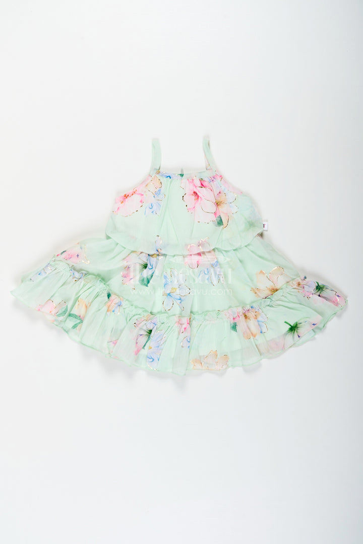 The Nesavu Baby Fancy Frock Beach Frocks for Baby Girls in Light Green Floral Georgette with Sun Hat and Layered Ruffles Nesavu 14 (6M) / Green BFJ785B-14 Beach Frocks Baby Girls Green Georgette Floral Print Matching Hat | The Nesavu
