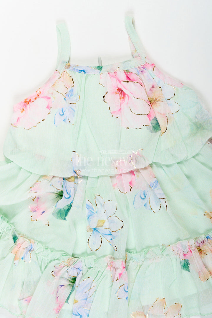 The Nesavu Baby Fancy Frock Beach Frocks for Baby Girls in Light Green Floral Georgette with Sun Hat and Layered Ruffles Nesavu Beach Frocks Baby Girls Green Georgette Floral Print Matching Hat | The Nesavu