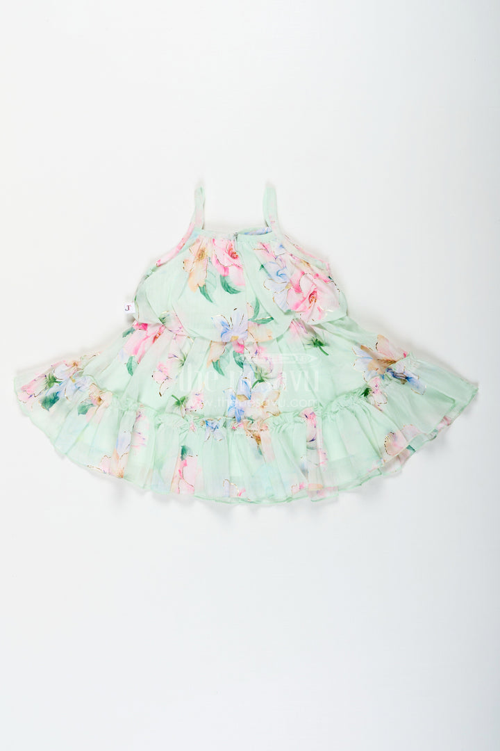 The Nesavu Baby Fancy Frock Beach Frocks for Baby Girls in Light Green Floral Georgette with Sun Hat and Layered Ruffles Nesavu Beach Frocks Baby Girls Green Georgette Floral Print Matching Hat | The Nesavu