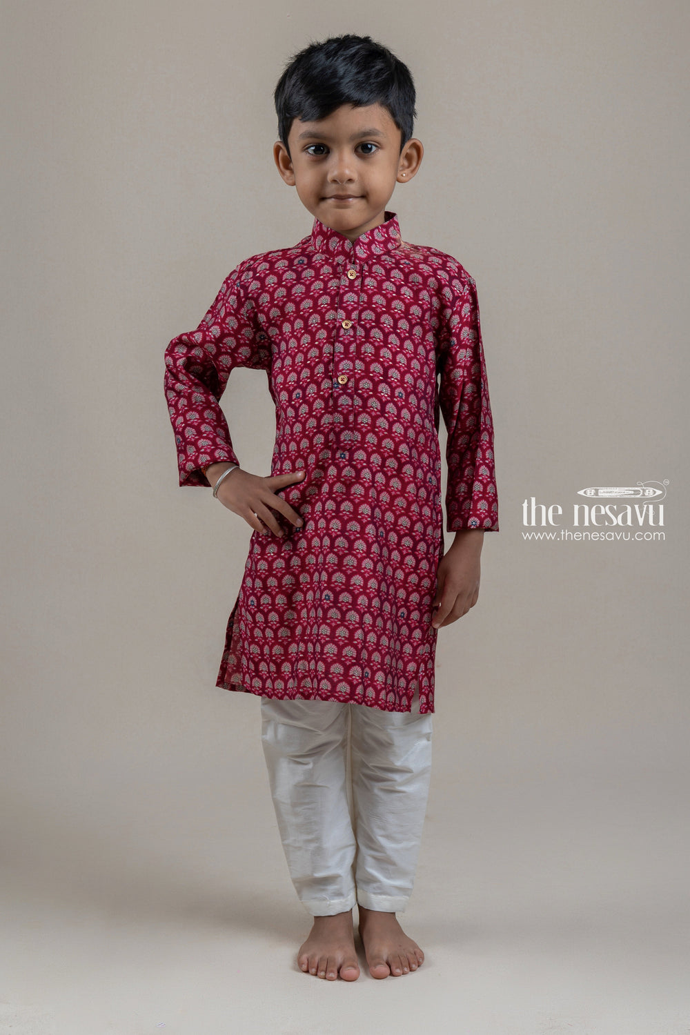 The Nesavu Boys Kurtha Set Beautiful Deeppink Floral Printed Kurta With Half White Pant For Boys Nesavu 12 (3M) / Pink / Modal BES331A-12 Kurta Suit Online For Boys | Pink Kurta Set | The Nesavu