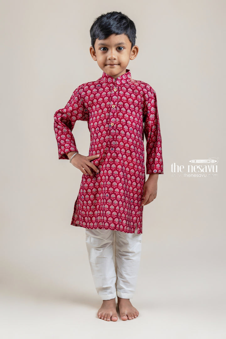 Beautiful Deeppink Floral Printed Kurta With Half White Pant For Boys