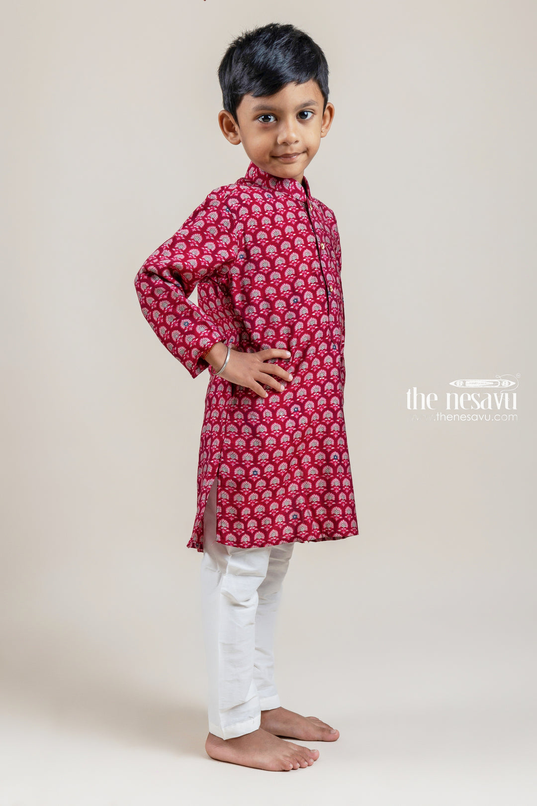 Beautiful Deeppink Floral Printed Kurta With Half White Pant For Boys