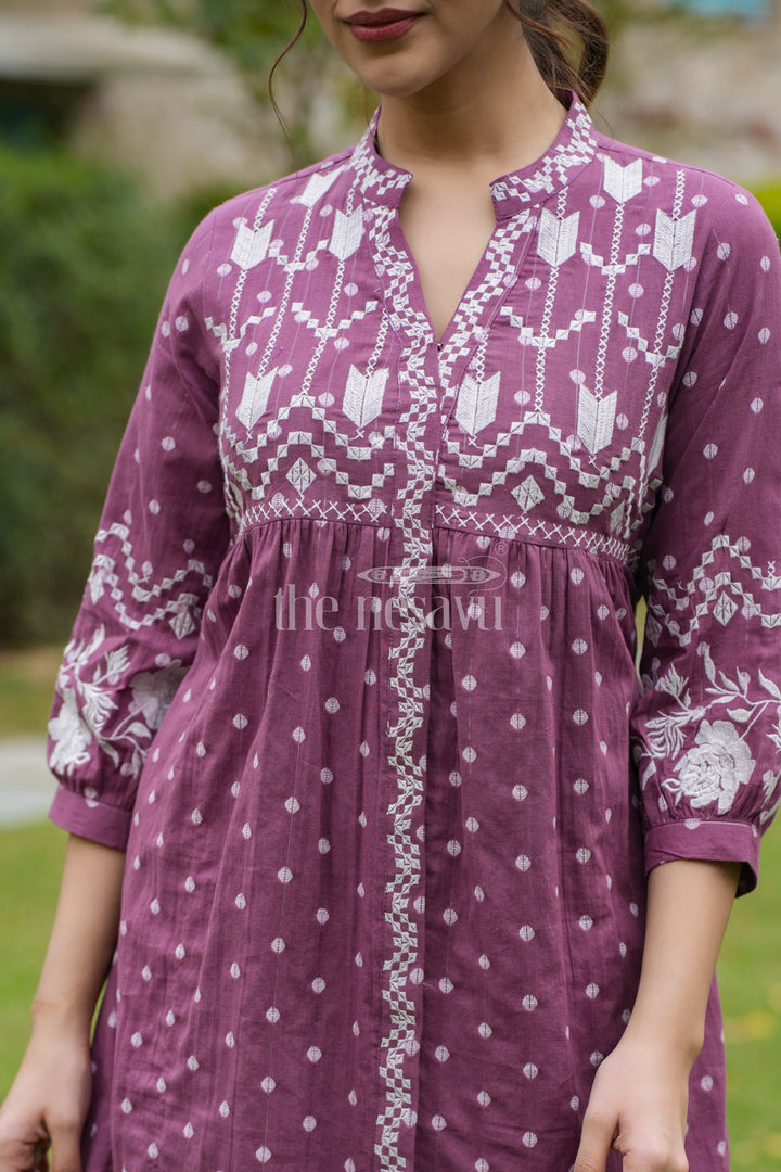 The Nesavu Womens Flared Kurthas Beautiful Dresses for Ladies in Purple Cotton with Front Embroidery and Elegant Flared Fit for Modern Comfort Nesavu Maroon Cotton Flared Beautiful Dresses Ladies White Embroidery Polka Dot Detailing | The Nesavu
