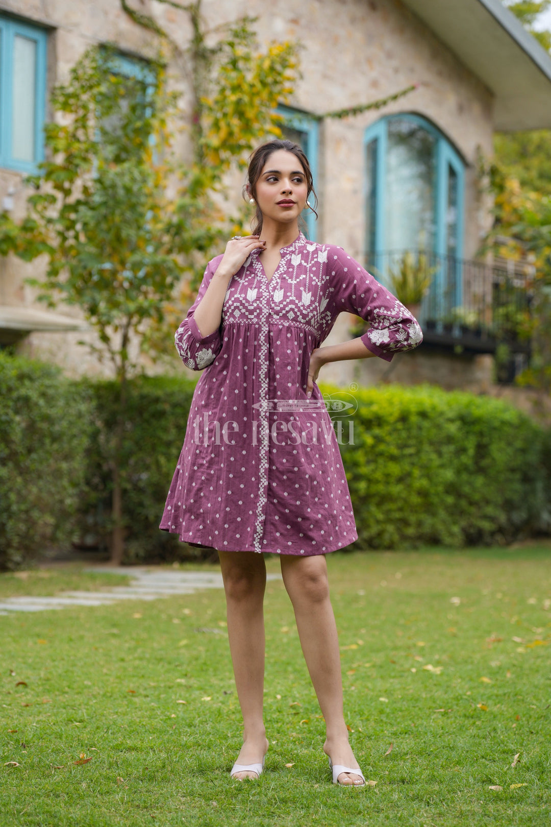 The Nesavu Womens Flared Kurthas Beautiful Dresses for Ladies in Purple Cotton with Front Embroidery and Elegant Flared Fit for Modern Comfort Nesavu Maroon Cotton Flared Beautiful Dresses Ladies White Embroidery Polka Dot Detailing | The Nesavu