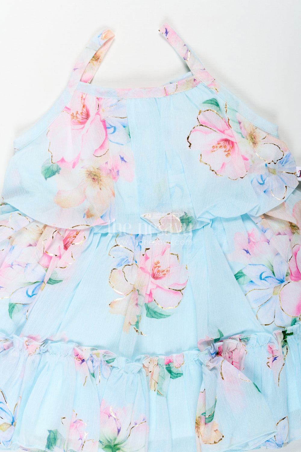 The Nesavu Baby Fancy Frock Beautiful Frock Suit for Baby Girls in Sky Blue Georgette with Multicolor Floral Design and Sun Hat Nesavu Nesavu Beautiful Frock Suit Baby Girls Sky Blue Floral Georgette Matching Hat