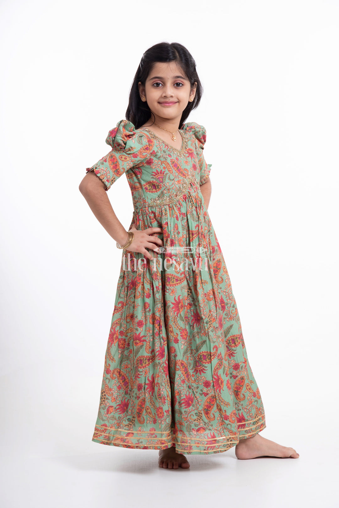 The Nesavu Girls Party Gown Beautiful Green Floral Muslin Silk Party Gown for Girls Nesavu Beautiful Green Floral Muslin Silk Party Gown for Girls - Stylish & Comfortable
