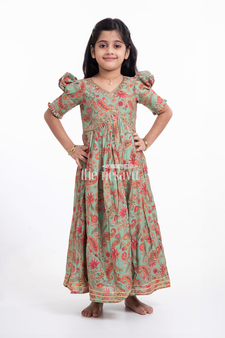 The Nesavu Girls Party Gown Beautiful Green Floral Muslin Silk Party Gown for Girls Nesavu Beautiful Green Floral Muslin Silk Party Gown for Girls - Stylish & Comfortable
