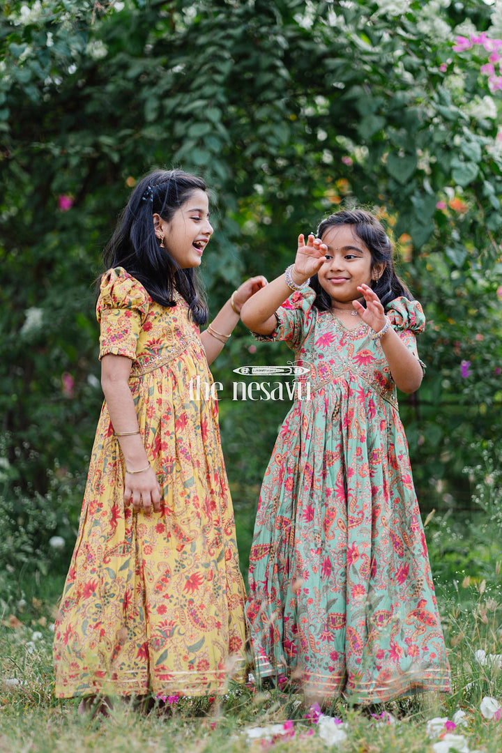 The Nesavu Girls Party Gown Beautiful Green Floral Muslin Silk Party Gown for Girls Nesavu Beautiful Green Floral Muslin Silk Party Gown for Girls - Stylish & Comfortable
