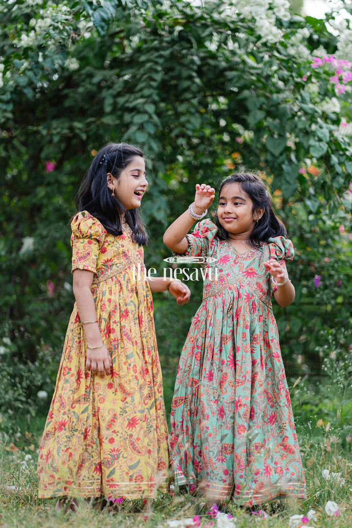 The Nesavu Girls Party Gown Beautiful Green Floral Muslin Silk Party Gown for Girls Nesavu Beautiful Green Floral Muslin Silk Party Gown for Girls - Stylish & Comfortable
