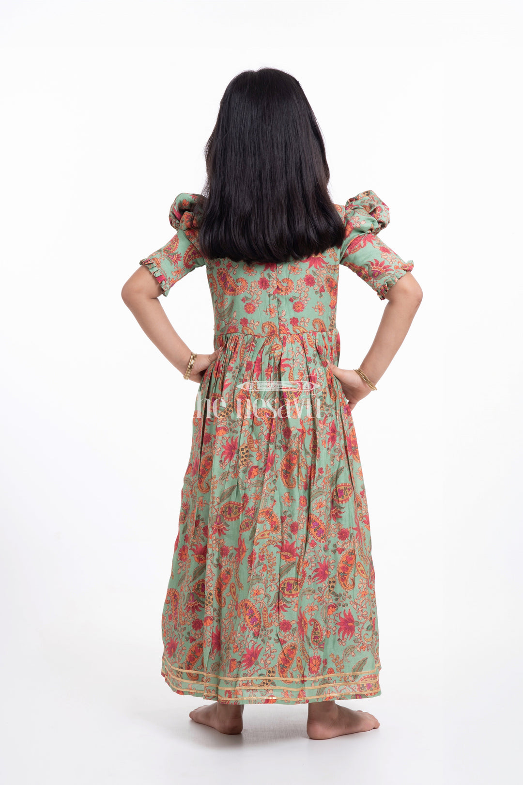 The Nesavu Girls Party Gown Beautiful Green Floral Muslin Silk Party Gown for Girls Nesavu Beautiful Green Floral Muslin Silk Party Gown for Girls - Stylish & Comfortable | The Nesavu