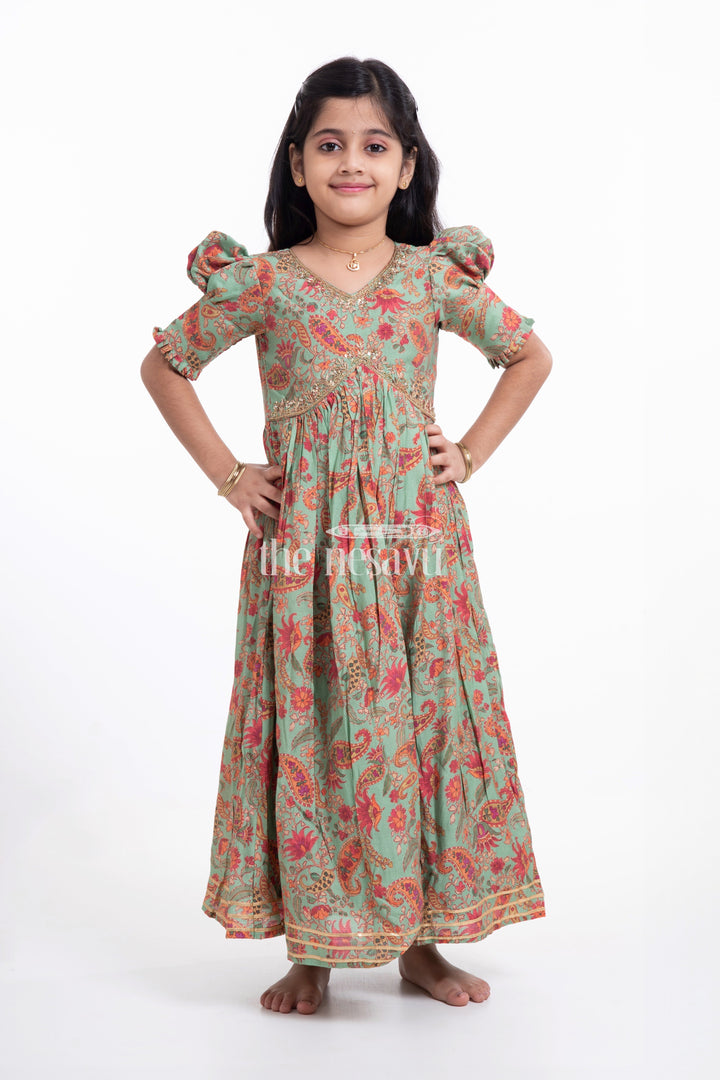 The Nesavu Girls Party Gown Beautiful Green Floral Muslin Silk Party Gown for Girls Nesavu Beautiful Green Floral Muslin Silk Party Gown for Girls - Stylish & Comfortable | The Nesavu