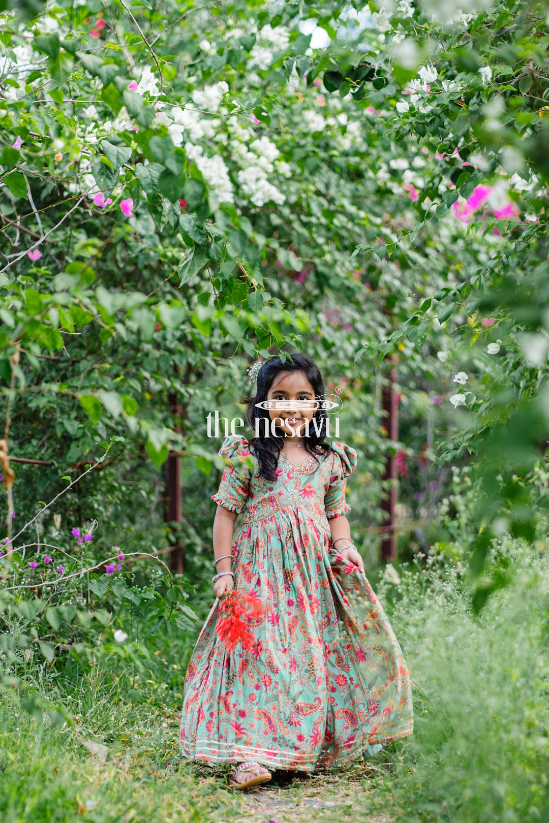 The Nesavu Girls Party Gown Beautiful Green Floral Muslin Silk Party Gown for Girls Nesavu Beautiful Green Floral Muslin Silk Party Gown for Girls - Stylish & Comfortable | The Nesavu