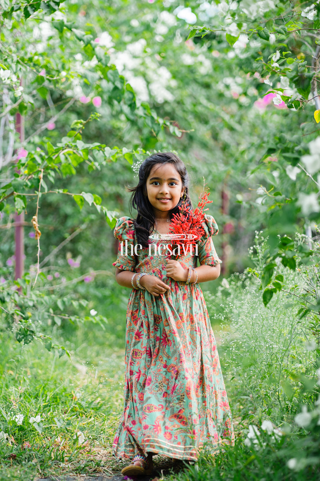 The Nesavu Girls Party Gown Beautiful Green Floral Muslin Silk Party Gown for Girls Nesavu Beautiful Green Floral Muslin Silk Party Gown for Girls - Stylish & Comfortable | The Nesavu