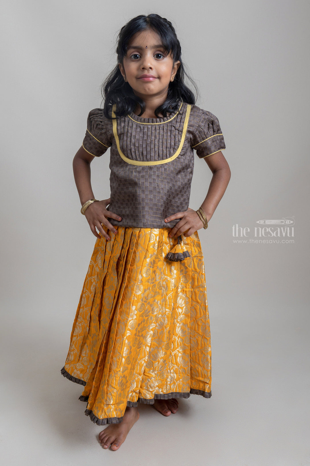 The Nesavu Pattu Pavadai Beautiful Traditional Brown Silk Blouse With Yellow Banarasi jacquard Pleated Designer Pattu Pavadai For Girls Nesavu 14 (6M) / Yellow / Jacquard GPP254F Silk Pavada For Girls | Premium Silk Frock Onine | The Nesavu