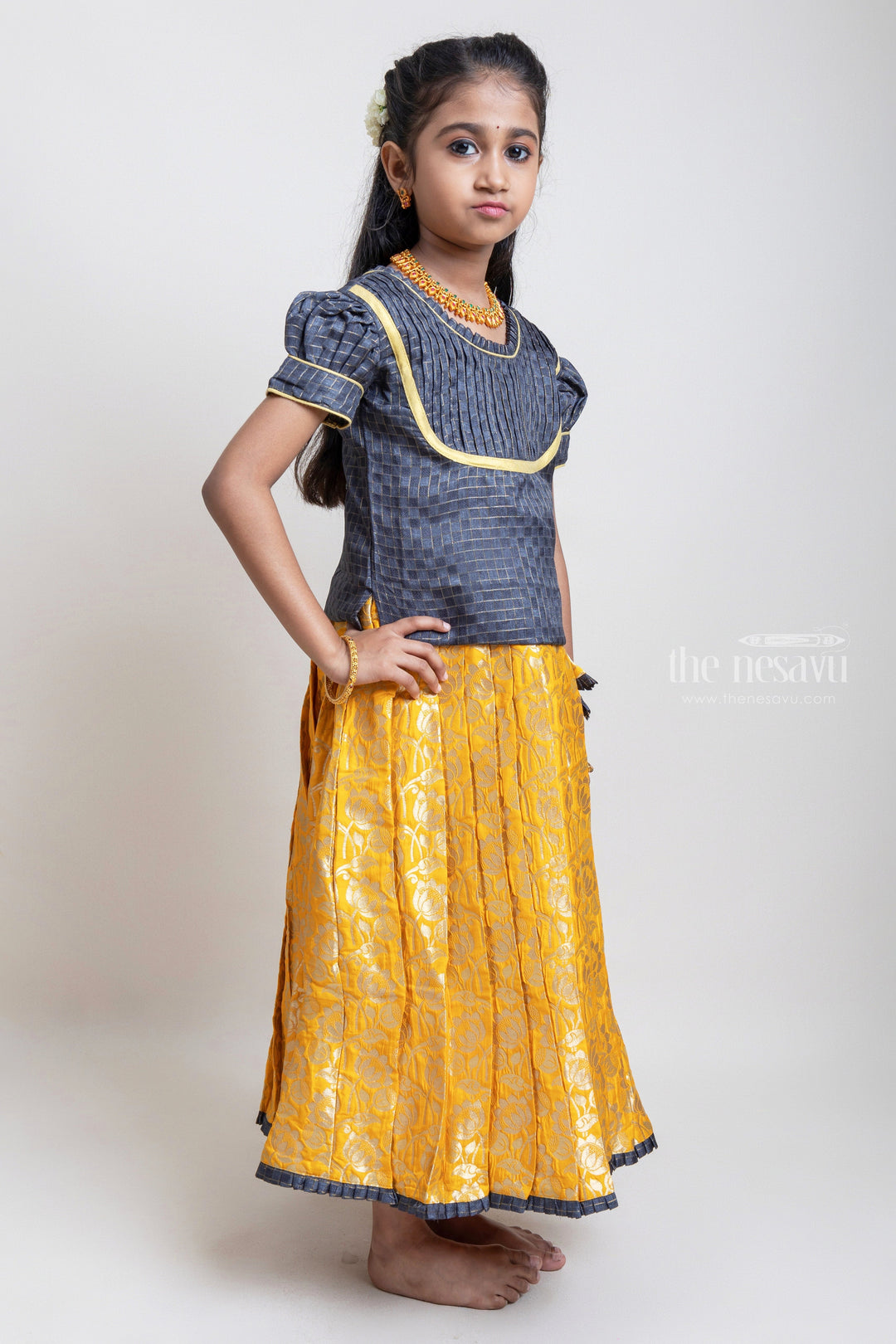 The Nesavu Pattu Pavadai Beautiful Traditional Brown Silk Blouse With Yellow Banarasi Jacquard Pleated Designer Pattu Pavadai For Girls Nesavu 22 (4Y) / Yellow / Jacquard GPP254E-22 Silk Pavada For Girls | Premium Silk Frock Onine | The Nesavu