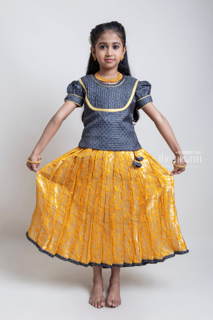 Beautiful Traditional Brown Silk Blouse With Yellow Banarasi Jacquard Pleated Designer Pattu Pavadai For Girls