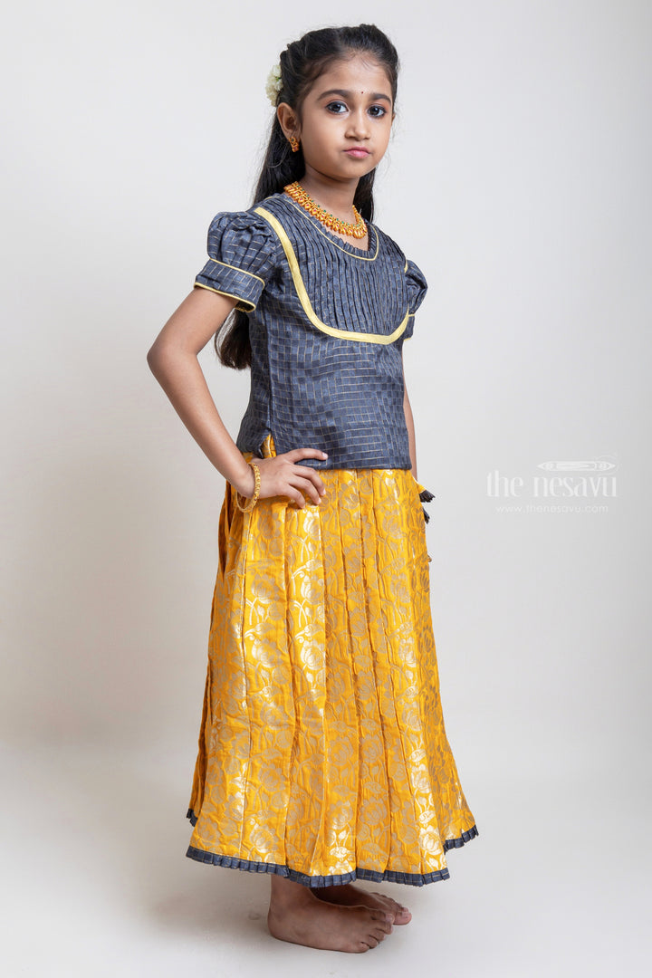 Beautiful Traditional Brown Silk Blouse With Yellow Banarasi Jacquard Pleated Designer Pattu Pavadai For Girls