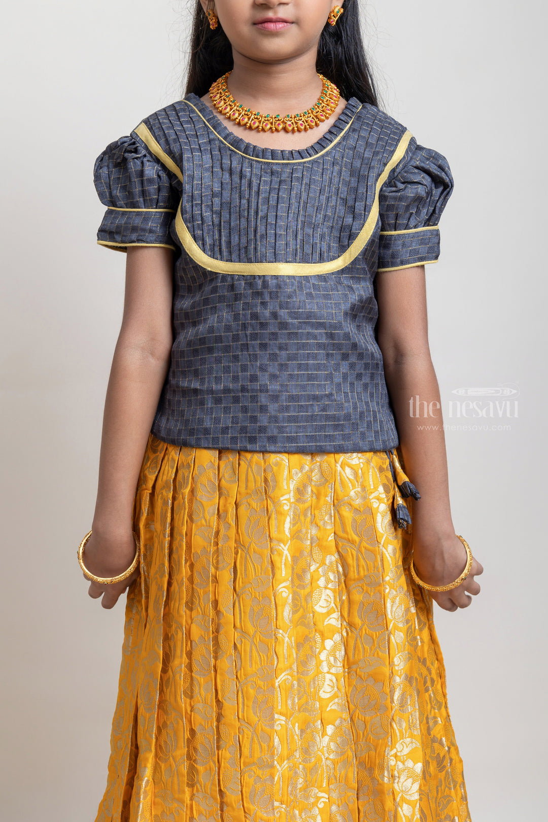 The Nesavu Pattu Pavadai Beautiful Traditional Brown Silk Blouse With Yellow Banarasi Jacquard Pleated Designer Pattu Pavadai For Girls Nesavu Silk Pavada For Girls | Premium Silk Frock Onine | The Nesavu