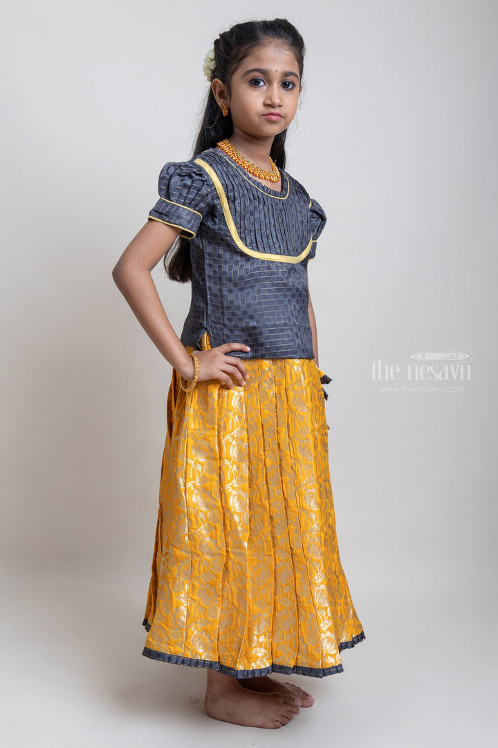 The Nesavu Pattu Pavadai Beautiful Traditional Brown Silk Blouse With Yellow Banarasi Jacquard Pleated Designer Pattu Pavadai For Girls Nesavu Silk Pavada For Girls | Premium Silk Frock Onine | The Nesavu