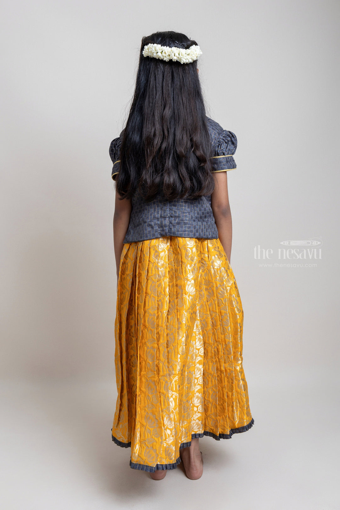 The Nesavu Pattu Pavadai Beautiful Traditional Brown Silk Blouse With Yellow Banarasi Jacquard Pleated Designer Pattu Pavadai For Girls Nesavu Silk Pavada For Girls | Premium Silk Frock Onine | The Nesavu