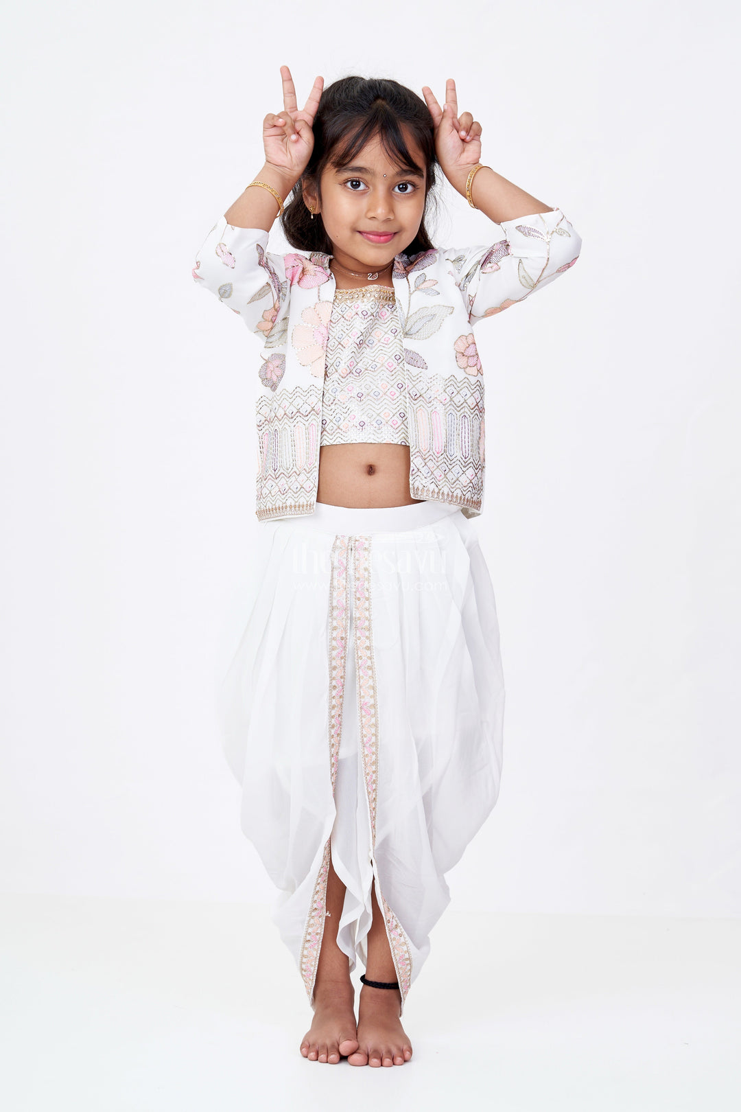 The Nesavu Girls Dothi Sets Beautiful Traditional Dresses for Girls with Embroidered Jacket and Draped Dhoti Skirt Nesavu 18 (2Y) / Blue GPS529A-18 Beautiful Traditional Dresses Girls Embroidered Jacket Draped Dhoti | The Nesavu