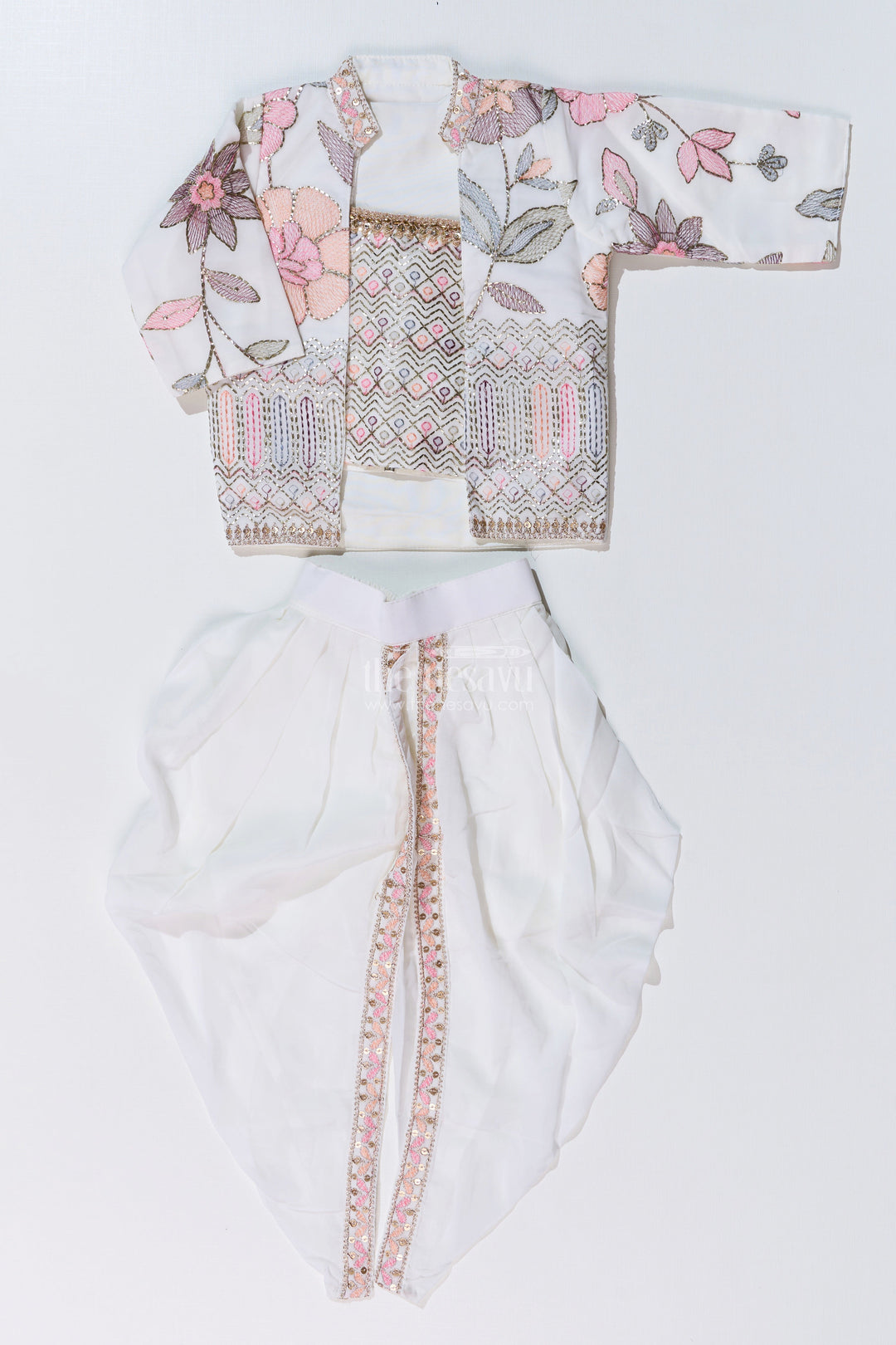 The Nesavu Girls Dothi Sets Beautiful Traditional Dresses for Girls with Embroidered Jacket and Draped Dhoti Skirt Nesavu Beautiful Traditional Dresses Girls Embroidered Jacket Draped Dhoti | The Nesavu