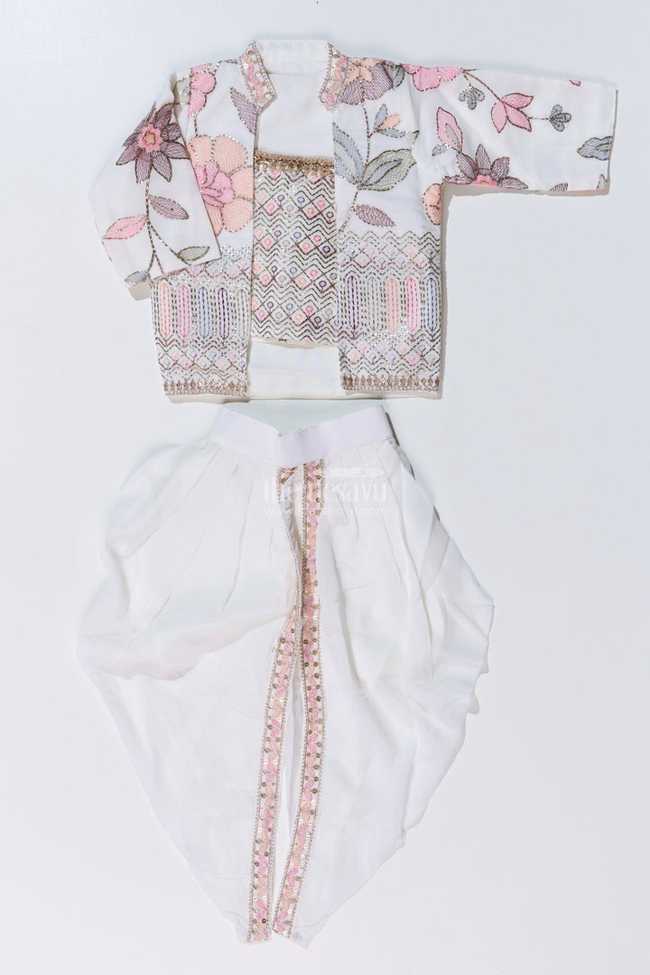 The Nesavu Girls Dothi Sets Beautiful Traditional Dresses for Girls with Embroidered Jacket and Draped Dhoti Skirt Nesavu Beautiful Traditional Dresses Girls Embroidered Jacket Draped Dhoti | The Nesavu