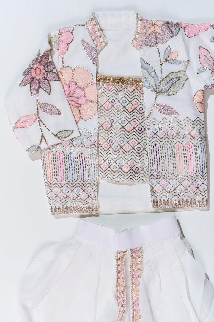 The Nesavu Girls Dothi Sets Beautiful Traditional Dresses for Girls with Embroidered Jacket and Draped Dhoti Skirt Nesavu Beautiful Traditional Dresses Girls Embroidered Jacket Draped Dhoti | The Nesavu