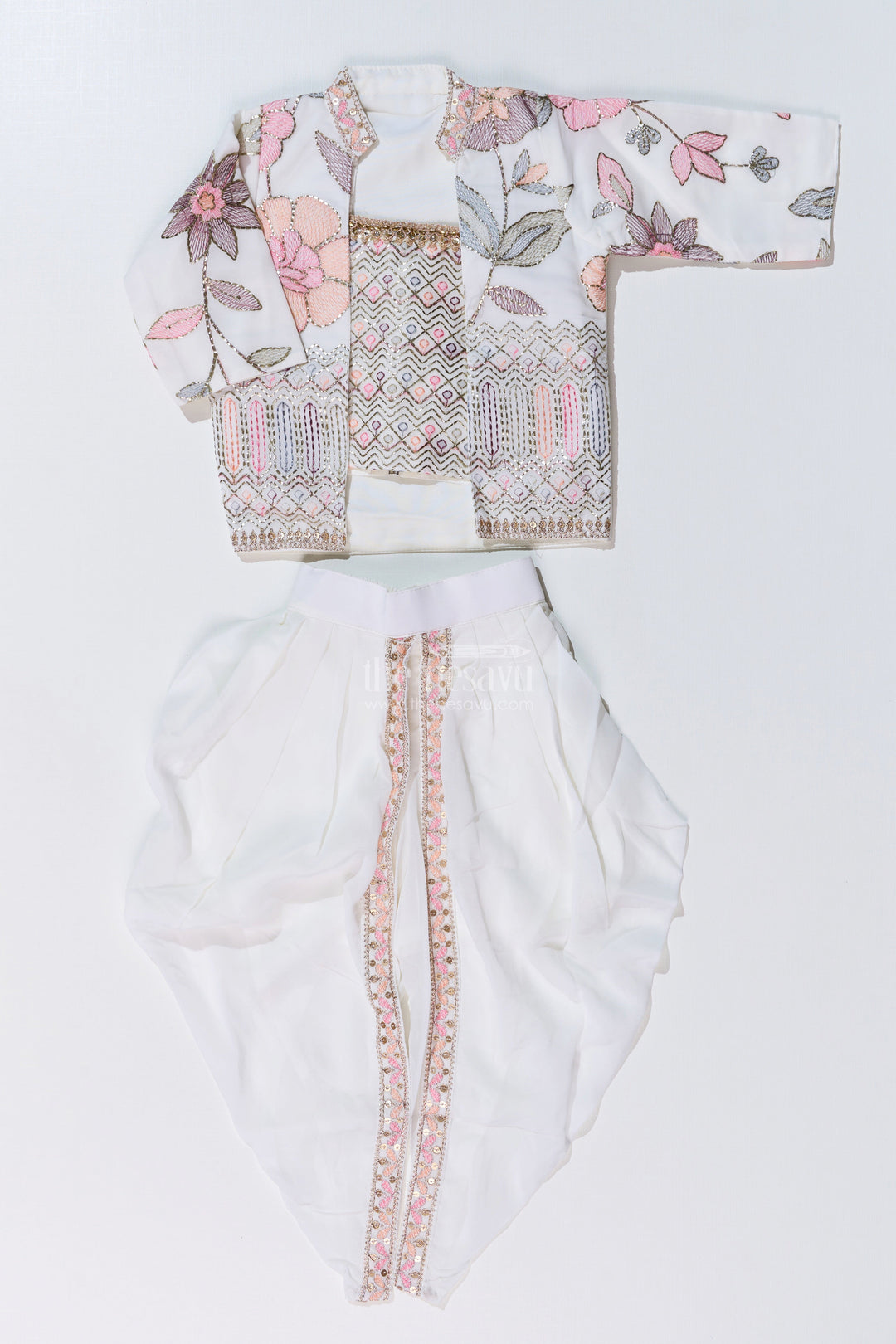 The Nesavu Girls Dothi Sets Beautiful Traditional Dresses for Girls with Embroidered Jacket and Draped Dhoti Skirt Nesavu Beautiful Traditional Dresses Girls Embroidered Jacket Draped Dhoti | The Nesavu