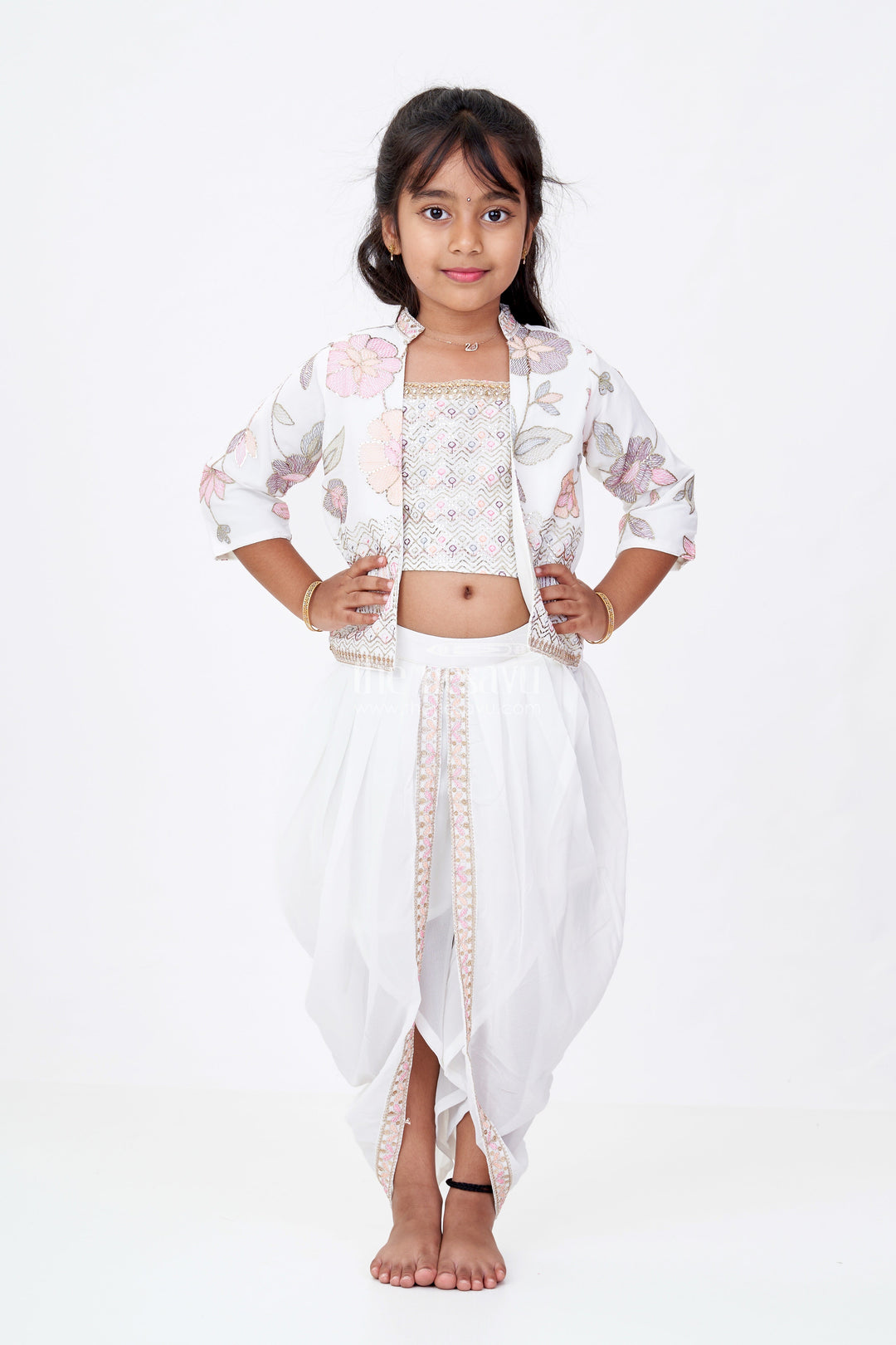 The Nesavu Girls Dothi Sets Beautiful Traditional Dresses for Girls with Embroidered Jacket and Draped Dhoti Skirt Nesavu Beautiful Traditional Dresses Girls Embroidered Jacket Draped Dhoti | The Nesavu