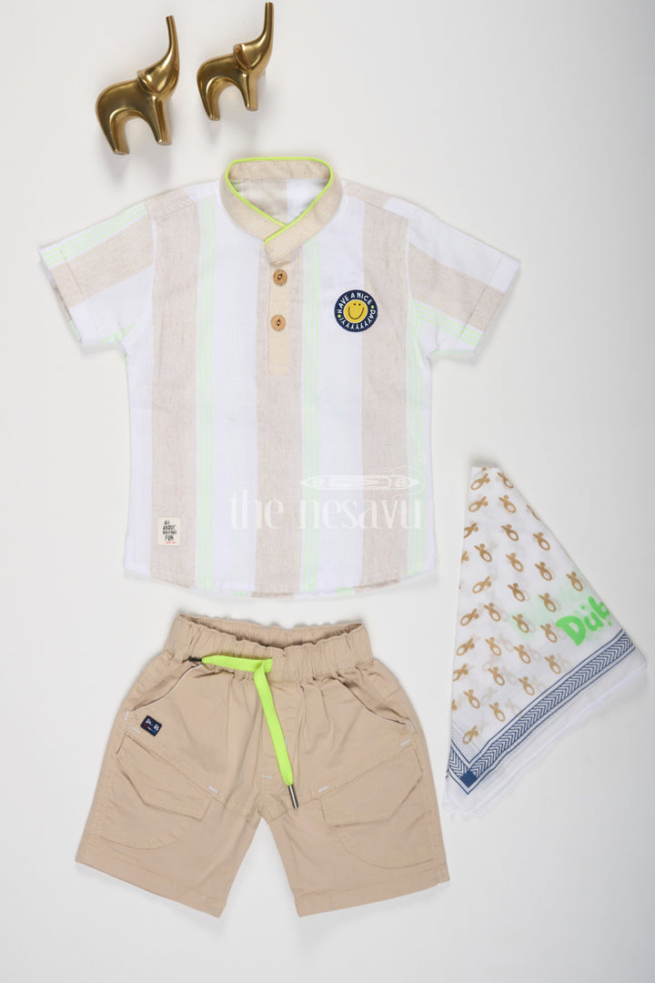 The Nesavu Boys Casual Set Beige and Cream Linen Cotton Shirt and Shorts Set for Boys Nesavu 16 (1Y) / Beige BCS115A-16 Beige and Cream Linen Cotton Shirt and Shorts Set for Boys - Nesavu