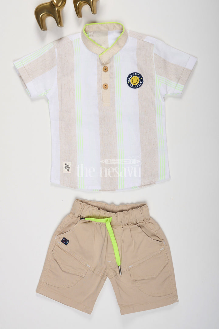 The Nesavu Boys Casual Set Beige and Cream Linen Cotton Shirt and Shorts Set for Boys Nesavu Beige and Cream Linen Cotton Shirt and Shorts Set for Boys - Nesavu