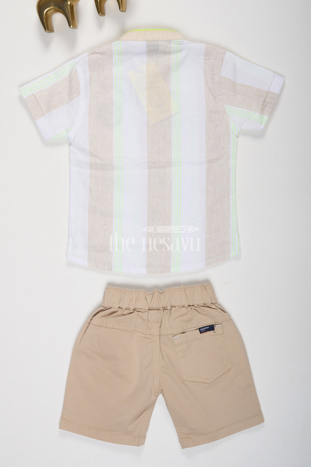 The Nesavu Boys Casual Set Beige and Cream Linen Cotton Shirt and Shorts Set for Boys Nesavu Beige and Cream Linen Cotton Shirt and Shorts Set for Boys - Nesavu