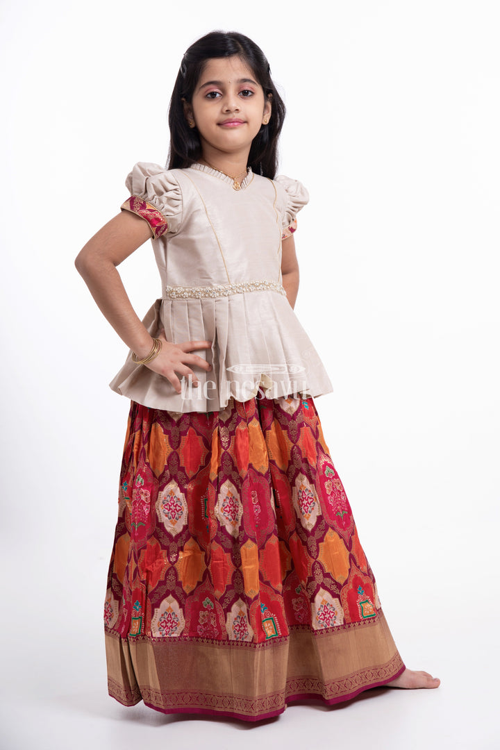 The Nesavu Pattu Pavadai Beige and Orange Designer Printed Silk Pattu Pavadai for Girls Nesavu 16 (1Y) / Beige GPP316A-16 Beige and Orange Designer Printed Viscose Silk Lehenga Choli with Log Jacket for Girls - Festive & Stylish | The Nesavu
