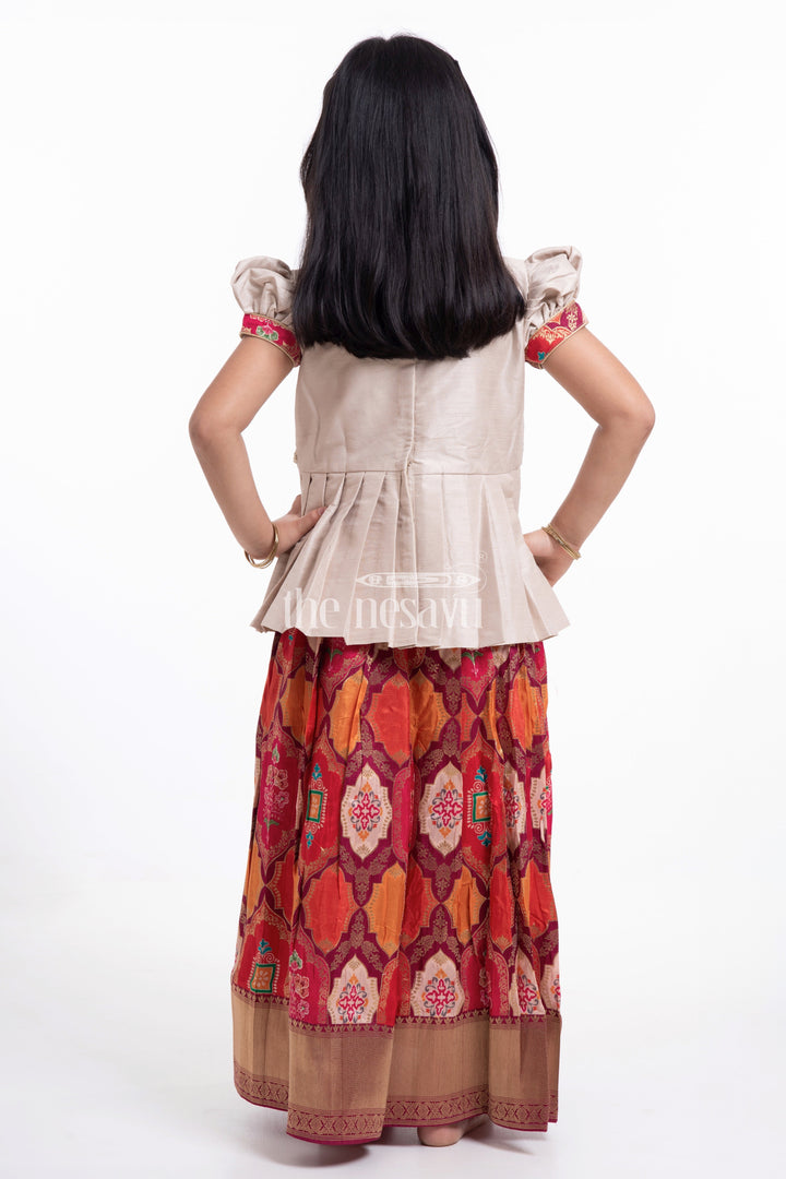 The Nesavu Pattu Pavadai Beige and Orange Designer Printed Silk Pattu Pavadai for Girls Nesavu Beige and Orange Designer Printed Viscose Silk Lehenga Choli with Log Jacket for Girls - Festive & Stylish | The Nesavu