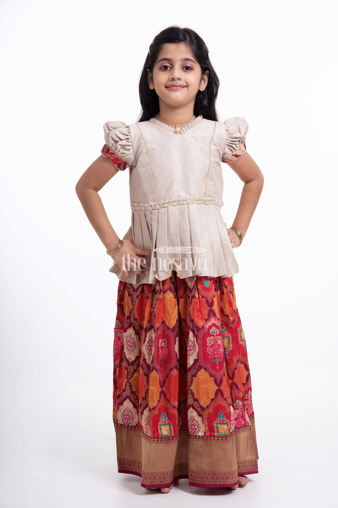 The Nesavu Pattu Pavadai Beige and Orange Designer Printed Silk Pattu Pavadai for Girls Nesavu Beige and Orange Designer Printed Viscose Silk Lehenga Choli with Log Jacket for Girls - Festive & Stylish | The Nesavu