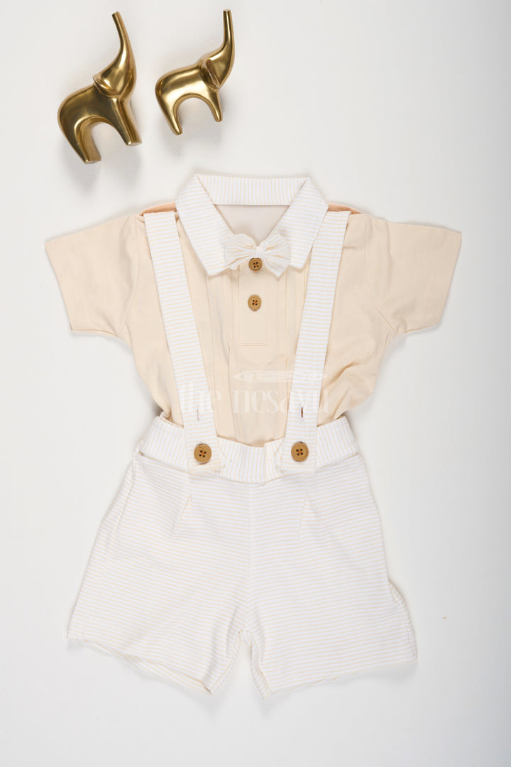 The Nesavu Baby Dungarees Beige Baby Suspender Set with Bow Tie and Matching Striped Shorts for Baby Nesavu 12 (3M) / Beige BCS138B-12 Beige Baby Suspender Set Bow Tie Striped Shorts Nesavu Formal Baby Dress Outfit