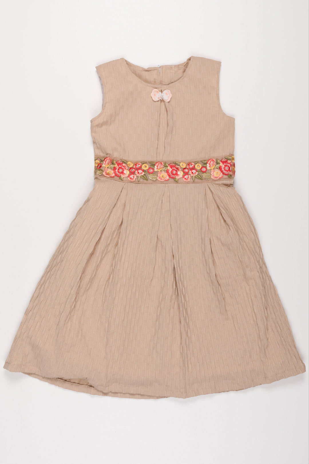 The Nesavu Girls Fancy Frock Beige Beauty Pleated Dress: Timeless Style with Charming Collar for Girls Nesavu 18 (2Y) / Beige GFC1215B-18 Girls' Sleeveless Beige Pleated Cotton Dress | Elegant Collar Frock for Children | The Nesavu