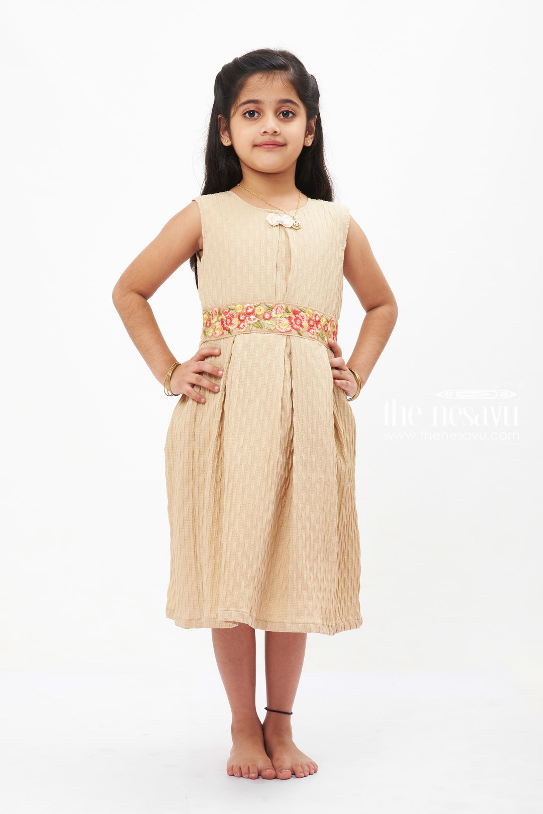 The Nesavu Girls Fancy Frock Beige Beauty Pleated Dress: Timeless Style with Charming Collar for Girls Nesavu 18 (2Y) / Beige GFC1215B-18 Girls' Sleeveless Beige Pleated Cotton Dress | Elegant Collar Frock for Children | The Nesavu