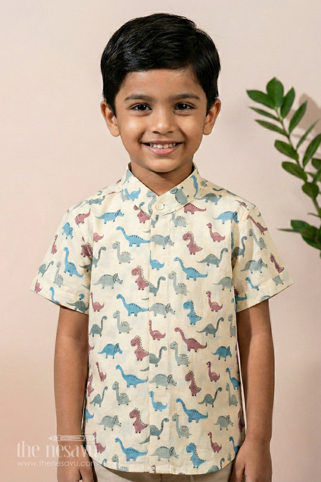 The Nesavu Boys Cotton Shirt Beige Boys Cotton Shirt with Dinosaur Print Half Sleeves Playful and Comfortable Fit Nesavu 16 (1Y) / Beige BS200A-16 Beige Dinosaur Print Boys Cotton Shirt Nesavu Playful Half Sleeves Comfortable Casual Wear