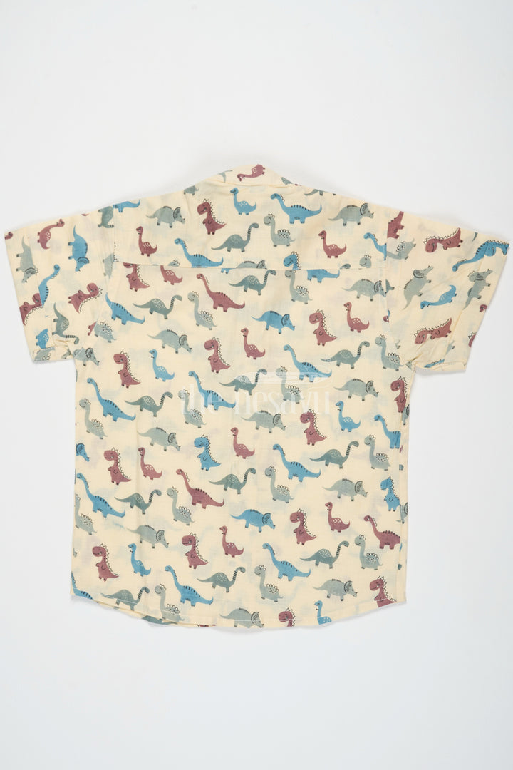 The Nesavu Boys Cotton Shirt Beige Boys Cotton Shirt with Dinosaur Print Half Sleeves Playful and Comfortable Fit Nesavu Beige Dinosaur Print Boys Cotton Shirt Nesavu Playful Half Sleeves Comfortable Casual Wear