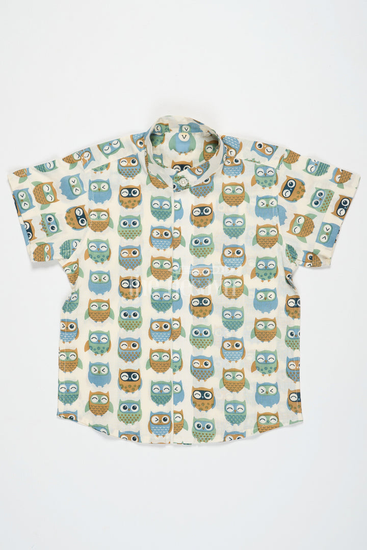 The Nesavu Boys Cotton Shirt Beige Boys Cotton Shirt with Owl Print Half Sleeves Trendy Design Comfortable Fit Nesavu 16 (1Y) / Beige BS185A-16 Trendy Owl Print Boys Cotton Shirt Beige Nesavu Comfortable Short Sleeve Casual Wear