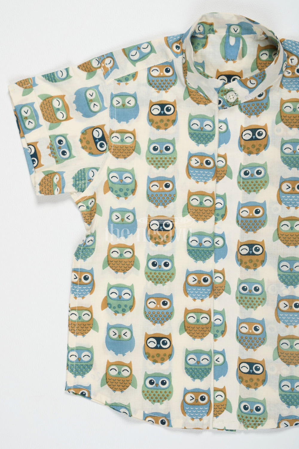 The Nesavu Boys Cotton Shirt Beige Boys Cotton Shirt with Owl Print Half Sleeves Trendy Design Comfortable Fit Nesavu Trendy Owl Print Boys Cotton Shirt Beige Nesavu Comfortable Short Sleeve Casual Wear