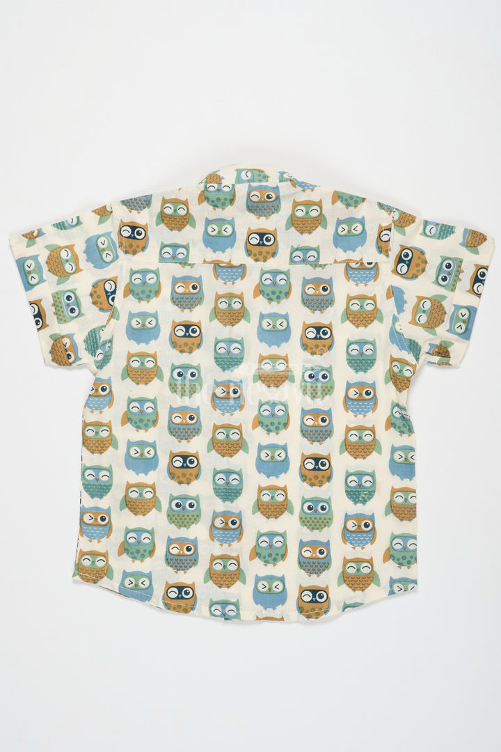 The Nesavu Boys Cotton Shirt Beige Boys Cotton Shirt with Owl Print Half Sleeves Trendy Design Comfortable Fit Nesavu Trendy Owl Print Boys Cotton Shirt Beige Nesavu Comfortable Short Sleeve Casual Wear