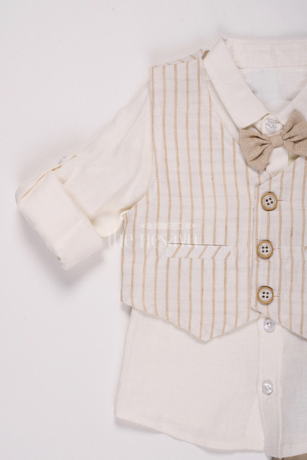 The Nesavu Boys Casual Set Beige Boys Waistcoat and Pant Set with Striped Shirt Nesavu Beige Boys' Waistcoat and Pant Set with Striped Shirt - Nesavu